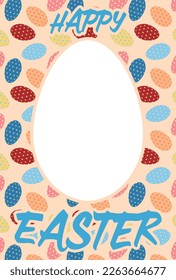 Greeting card material with egg-shaped space and Happy Easter letters on the background of lined eggs with patterns