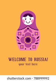 Greeting card with matryoshka russian nesting doll. Welcome to Russia