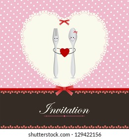 Greeting card or menu design with heart fork and spoon in love