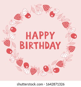 Greeting card with meringue, cherry, strawberry, leaves on light pink background. Circle wreath. Perfect for food decoration, bakery menu, holiday postcards, birthday