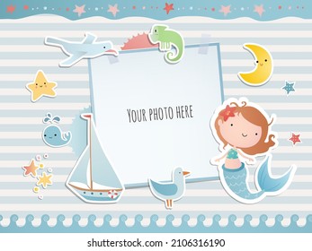 Greeting card with mermaid. Baby shower. Digital scrapbooking.