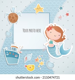 Greeting card with mermaid. Baby shower. Digital scrapbooking.