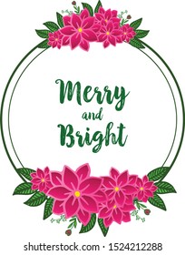 Greeting card merry and bright, with various crowd of pink wreath frame. Vector