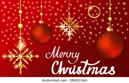 Greeting card with Merry Christmas 2021. Christmas background with shiny snowflakes and  Christmas toys. Vector illustration