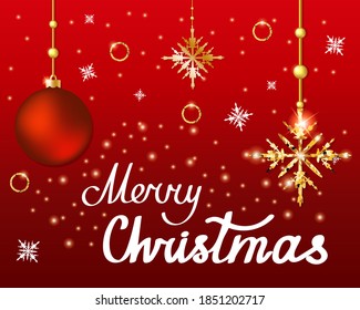 Greeting card with Merry Christmas 2021. Christmas background with shiny snowflakes, sparkles and Christmas balls. Handwritten lettering. Vector illustration