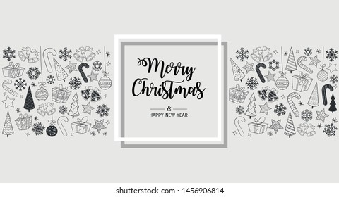Greeting card Merry Christmas background. Vector illustration with Christmas elements snowflakes, trees, stars, Candy Cane, gifts.
