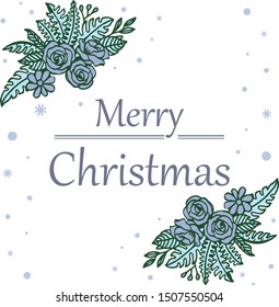 Greeting card of merry christmas background, with beautiful blue leaf and rose flower frame. Vector