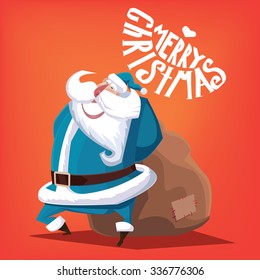 Greeting card Merry Christmas blue Santa Claus with gift bag