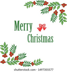 Greeting card merry christmas, with bright green leaves and red wreath frame. Vector