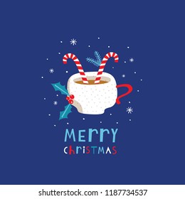 Greeting card: Merry Christmas. Creative hand drawn card for winter holidays with Christmas cup. Vector cartoon illustration. Hand drawn typography poster. Xmas design. Pink and blue.