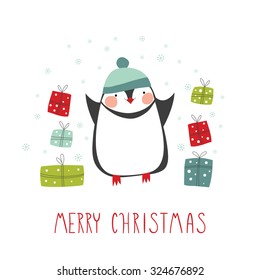 Greeting card: Merry Christmas. Creative hand drawn card with cute penguin and gifts. Vector cartoon illustration.