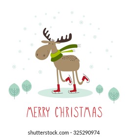 Greeting card: Merry Christmas. Creative hand drawn card with cute skating moose. Vector cartoon illustration.