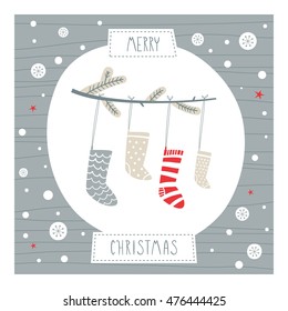 Greeting card: Merry Christmas. Creative hand drawn card with cute with Christmas stockings. Vector cartoon illustration. Hand drawn typography poster. Xmas design.