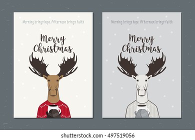 Greeting card: Merry Christmas. Creative card with moose. Can be use for business shopping gift voucher, customer sale promotion, layout, banner, web design and print for jersey or t-shirt