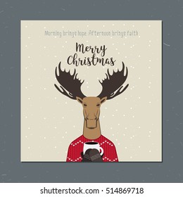 Greeting card: Merry Christmas. Creative hand drawn card with moose. Vector cartoon illustration. Christmas elk