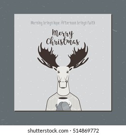Greeting card: Merry Christmas. Creative hand drawn card with moose. Vector cartoon illustration. Christmas elk