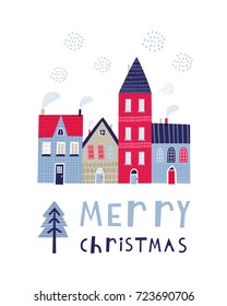Greeting card: Merry Christmas. Creative hand drawn card for winter holidays with Christmas town. Vector cartoon illustration. Hand drawn typography poster. Xmas design. Pink and blue