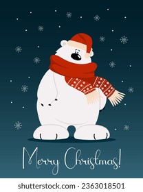 Greeting card Merry Christmas, cute cartoon polar bear in a scarf and hat on a background with snowflakes. Print, vector	
