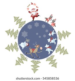 Greeting card Merry Christmas! Cute cartoon Santa Claus juggling gifts, reindeer, snowman, polar bears, little raccoons and christmas trees on skates. Beautiful vector illustration. Round composition.