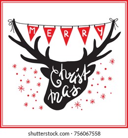 Greeting card Merry Christmas. Deer head and colorful flags.Holiday Vector Illustration with Lettering Composition. Graphic design for banner, poster, card, cover, invitation, placard, brochure, flyer