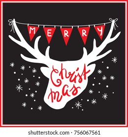 Greeting card Merry Christmas. Deer head and colorful flags.Holiday Vector Illustration with Lettering Composition. Graphic design for banner, poster, card, cover, invitation, placard, brochure, flyer