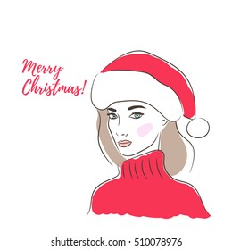 Greeting Card Merry Christmas. Drawing a girl in a red hat of Santa Claus and a sweater