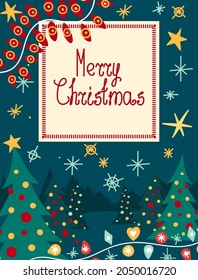 Greeting Card - Merry Christmas with Festive Elements and Green Fir Branches.