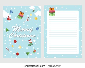 Greeting card for Merry Christmas with gift and xmas ornament. Vector design