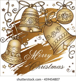 Greeting Card Merry Christmas with Golden Christmas bells. Vector illustration.