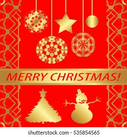 Greeting card "merry Christmas !"Golden style, Elements,frame, Golden patterns on red background.Star, garland, ball, snowflake, ribbon with inscription. The tree and the snowman.