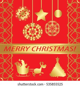 Greeting card "merry Christmas !"Golden style, abstract,elements,frame, Patterns on red background.Star, garland, ball, snowflake, ribbon with inscription. Santa Claus in a sleigh with reindeer.