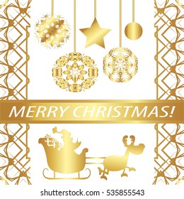 Greeting card "merry Christmas !"Golden style, abstract,elements,frame, Patterns on white background.Star, garland, ball, snowflake, ribbon with inscription. Santa Claus in a sleigh with reindeer.
