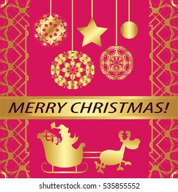 Greeting card "merry Christmas !"Golden style, abstract,elements,frame, Patterns on pink background.Star, garland, ball, snowflake, ribbon with inscription. Santa Claus in a sleigh with reindeer.