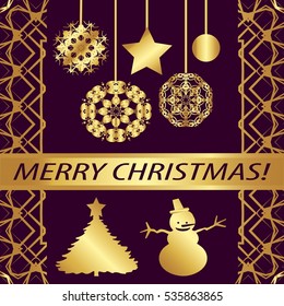 Greeting card "merry Christmas !"Golden style, Elements,frame, Golden patterns on purple background.Star, garland, ball, snowflake, ribbon with inscription. The tree and the snowman.