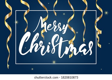 Greeting card with Merry Christmas hand lettering calligraphy text. Holiday banner with decoration. Vector 10 EPS