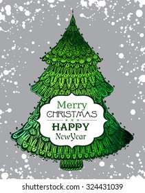 Greeting card Merry Christmas with hand drawn vector ornamental colorful Christmas Tree