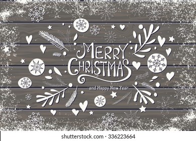 Greeting card with Merry Christmas hand lettering. Hand drawn design for greeting card, fabric, wrapping paper, invitation, stationery. Wood plank vector background is in the separate layer.