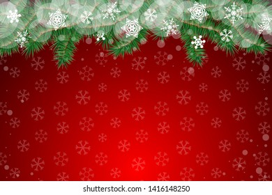 Greeting card merry christmas and happy new year. Red background with a decorative frame of the branches of spruce and snowflakes.