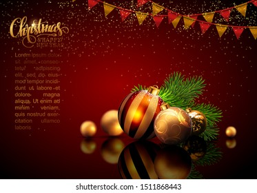 Greeting card Merry Christmas and Happy New Year. Golden balls and sprig of Christmas tree on a reflective surface. A place for congratulations. Highly realistic illustration.
