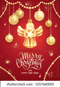 Greeting card Merry Christmas and Happy New Year. Christmas Angel holding star, realistic golden glass balls with sequins and garlands, lettering on red background. Template for holidays design