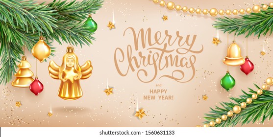 Greeting card Merry Christmas and Happy New Year. Christmas Angel holding star, realistic branches of fir tree, colored glass toys, sequins and gold garlands on beige background. Vector illustration