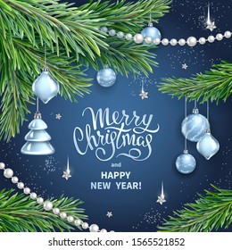 Greeting card for Merry Christmas and Happy New Year. Realistic branches of fir tree, silver glass toys, balls, sequins and garlands on dark blue background. Vector template for holidays design