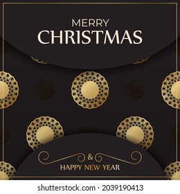 Greeting card Merry Christmas and Happy New Year in black color with gold ornaments.