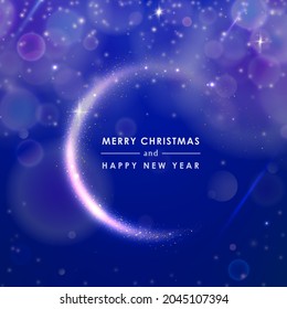 Greeting card merry christmas and happy new year in golden glitter circle on blue shine vector background. Abstract elegant shining luxury bokeh concept.