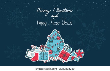 Greeting card with Merry Christmas and Happy New Year Lettering and Stickers in doodle style. Christmas and New Year card. Stickers for decorating, elements of holidays design. Greeting card, poster