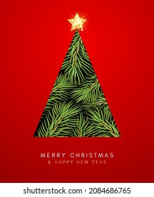 Greeting card Merry Christmas and Happy New Year. Christmas tree on a red background. Vector Illustration.