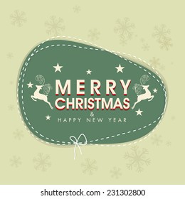 Greeting card for Merry Christmas and Happy New Year celebration with stylish text and reindeer on snowflake decorated green background.