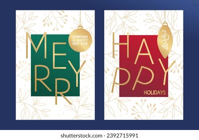 Greeting card Merry Christmas, Happy New Year and HAPPY HOLIDAY 2024. Background with a pattern of gold branch.