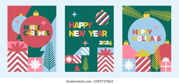 Greeting card. Merry Christmas, Happy New Year and HAPPY HOLIDAY 2024. Backgrounds with winter holiday symbols. Geometric pattern with flat tile icon ornament.