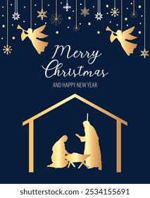 Greeting card Merry Christmas and Happy New Year with nativity scene and angels. Blue and gold. Vector graphics